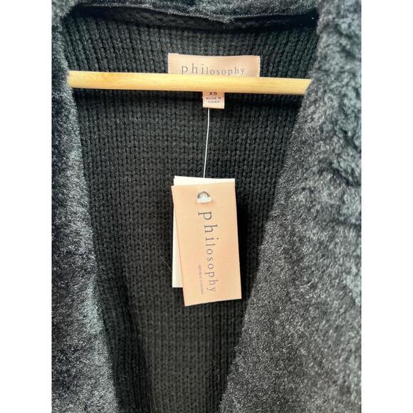 Philosophy Jacket Size XS Black Draped Open Front Faux Fur Collar Knit Chic - Picture 7 of 11